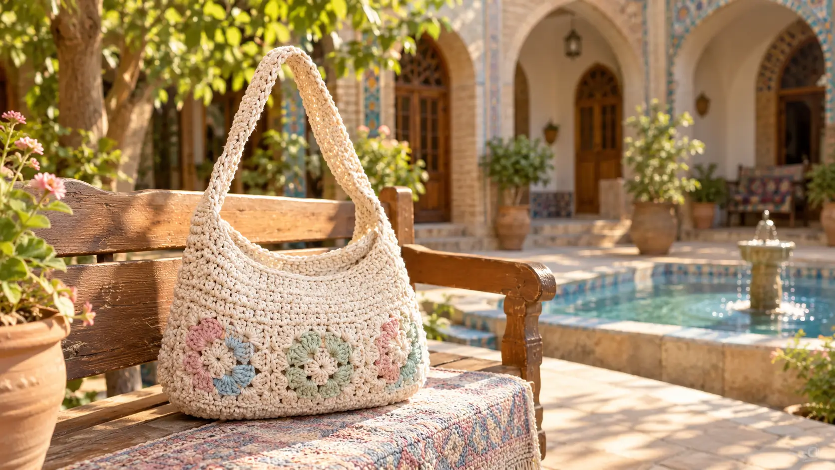 کیف بافتنی کرم با بند بلند روی نیمکت در حیاطی با معماری ایرانی