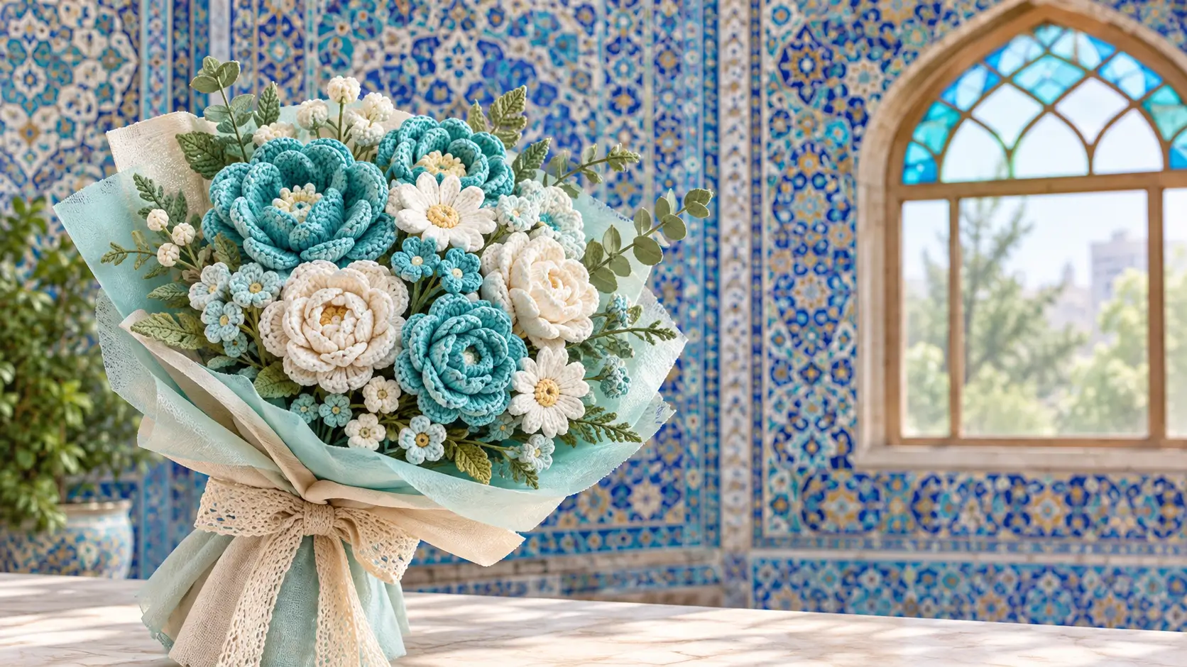 دسته گل بافتنی رنگی با پسزمینهی کاشیکاری آبی الهامگرفته از معماری اصفهان
