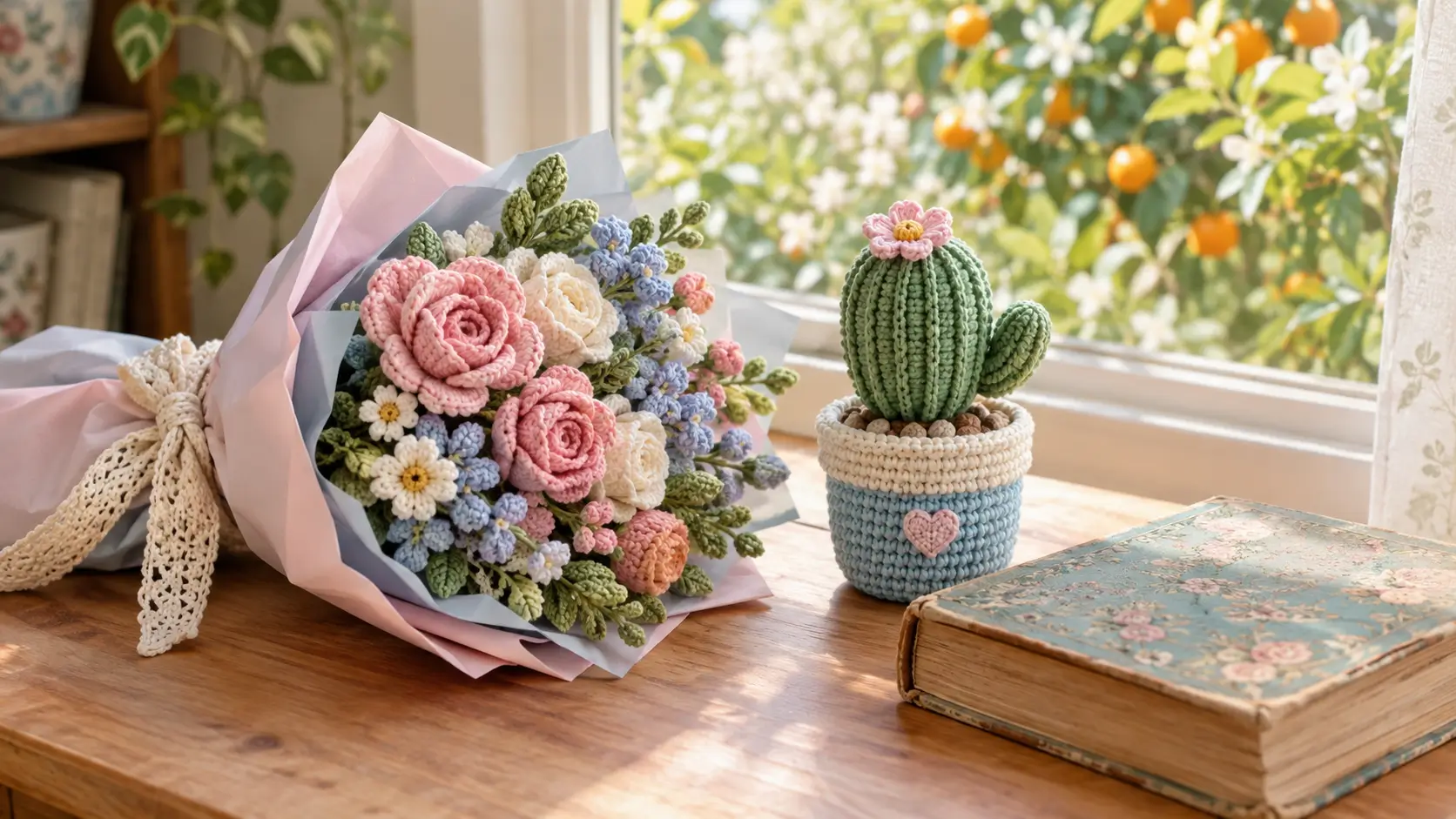دسته گل و گلدان بافتنی روی میز با کتاب شعر در فضایی الهامگرفته از باغهای شیراز